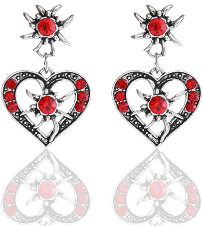 LONZIKP Trachten Ohrringe Damen mit Edelweiß Herz Dirndl Schmuck Rot für Oktoberfest Trachtenschmuck in Antik Silber(rot)