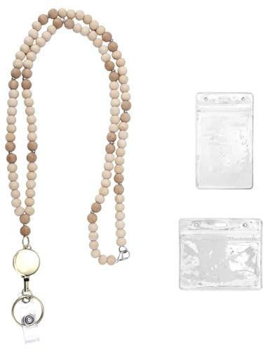 Lehrer Lanyard für Frauen, Niedliche Holzperlen Lanyards mit Ausweis Halter & Einziehbarem Badge Reel für Arbeit Schlüssel Krankenschwestern Büropersonal