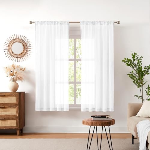 Melodieux Gardinen mit Kräuselband Weiß, 2er Set je H175 x B140 cm | Transparente Vorhänge in Leinenoptik mit Knitterstruktur, für Schiene & Stange, Küche & Schlafzimmer