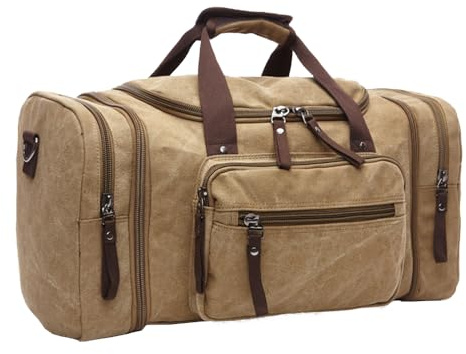 Reisetasche aus Canvas, große Sporttasche, mehrere Fächer, Tragetasche, Moderne Schultertasche aus Leder und Canvas, ideal für Wochenendtrips und Camping (Khaki)