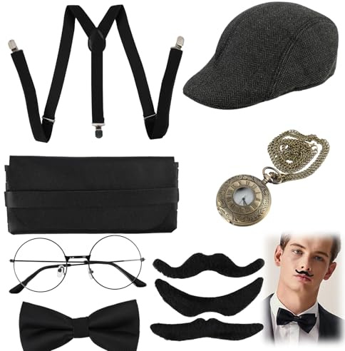 sofun 20er Jahre Kostüm Zubehör – Kostüm Accessoires Set für Herren (Bronze-Quarzuhr + Schwarzer Kappe + Retro-Brille + 3 Fake-Bärte + Krawatte + Hosenträger), ideal für 1920er Mafia-Outfit