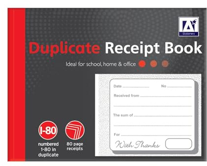 Duplicate Receipt Books Pack 1 Small Business - Invoice Pad Self Employed - Cash Receipt Book Carbon Paper - 80 Numbered Pages Microperforated Tear-Out Sheets