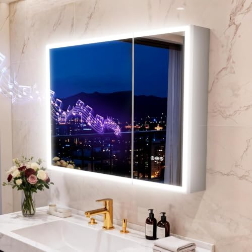 LUVODI Bathroom Mirror Cabinet with Light Bluetooth Shaver Socket 800x700mm | Illuminated Wall Cabinet, Bluetooth Speakers, Anti-fog, Storage Space, Touch Buttons, 2 Doors