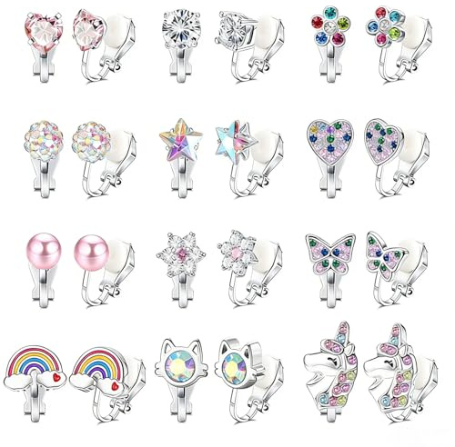 Ohrclips Kinder Mädchen, 12 Paar Hypoallergene Clip Ohrringe, Glänzend Klipp Ohrringe Mädchen Ohne Ohrlöcher Clip Schmetterling Blume Herz Stern Ohrclips für Alltag Bälle Partys Schmuck