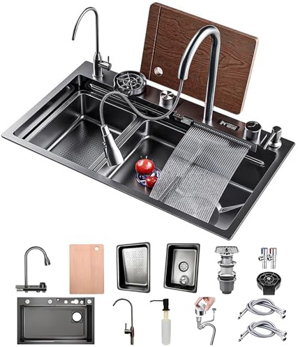 Fregadero de cocina con cascada negra, rectangular de acero inoxidable, 1 lavabo de 90 × 50 cm, con grifo extraíble, sifón y rebosadero, fregadero de bar multifuncional, juego de estación de trabajo