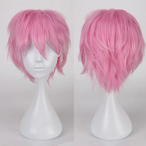 Unisex Short Cosplay Full Wigs Natural Layer Straight Hair Anime Costume Party Wig Fancy Dress for Women Men (Pink)