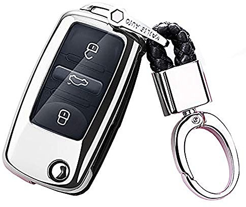 ontto Coque de clé de voiture avec porte-clés en TPU pour Volkswagen Jetta Passat Golf Beetle Rabbit GTI CC EOS Argenté