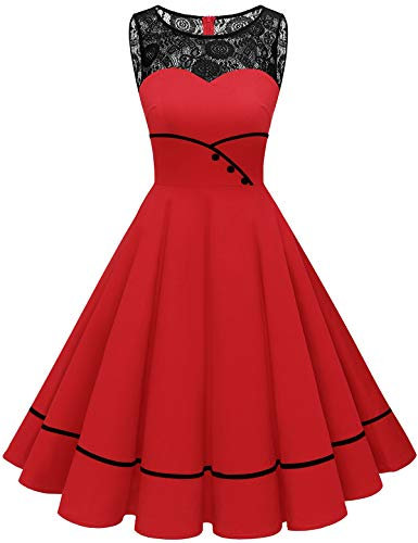 Bbonlinedress Vestido Vintage para Muejeres de Fiesta Cóctel Rockabilly Clásico sin MangasRed S