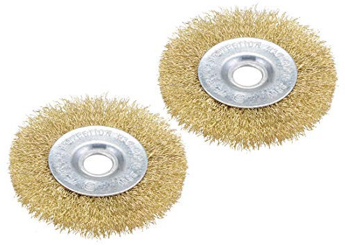 sourcing map 4-Inch Wire Wheel Brush Bench Brass Plated Crimped Steel with 5/8-Inch Arbor Hole 2 Pcs