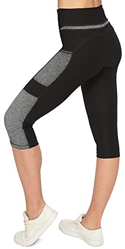 VS Capri 3/4 Leggings Damen Sport mit Handytasche Seitentaschen 3 4 sportleggins Handy Fitness Laufhose Sport Tights Schwarz grau Sporthose Jogging High Waist. grau-schwarz-S