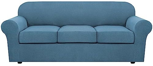 4 Stück Stretch Sofabezug für 3 Kissenbezüge Couchbezüge für Wohnzimmer Möbel Slipcovers (Grundbezug plus 3 Sitzkissenüberzüge) Feature Verbesserter Dicker Jacquard Stoff (Sofa, Dusty Blue)