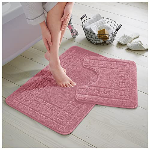 GC GAVENO CAVAILIA Greek Key Pattern Bath Mats 2 Piece Sets Non Slip, Soft Washable Rug Quick Dry Water Absorbent Bathroom Shower Mat & Pedestal Set, Dusty Pink
