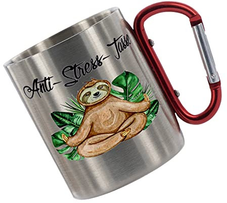 CreaLuxe Edelstahltasse mit Karabiner - Anti - Stress - Tasse - 330ml, Tasse bedruckt, Kaffeetasse, Bürotasse, Metalltasse mit Name