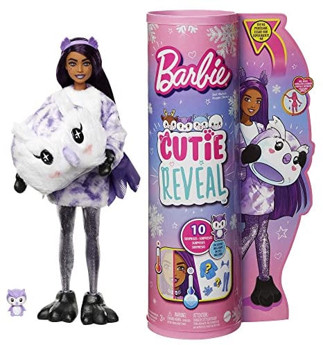 Barbie HJL62 - Cutie Reveal Winter Schneeflocken Serie-Puppe mit Eulen-Plüschkostüm und 10 Überraschungen inklusive kleinem Haustier und Farbwechsel, Geschenk für Kinder ab 3 Jahren