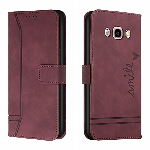 LEMAXELERS Galaxy J5 2016 Phone Case, Flip Wallet, Red, Retro Smile, Magnetic, Kickstand, PU Leather