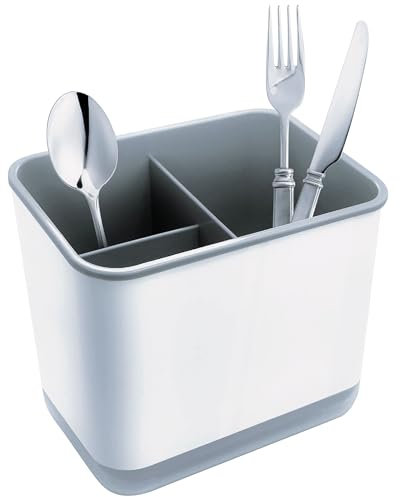 XFLYP Egouttoir à Couverts, Fourchette Cuillère Organisateur Rack avec 3 Compartiments avec Égouttoir, pour Couteau et Fourchette, Cuillère, Panier de Séchage pour évier (Gris)