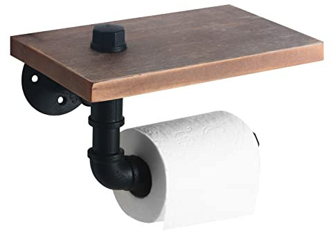 HouseAid Industrial Pipe Toilettenpapierhalter mit Ablage, Rustikaler Bauernhaus Toilettenpapierhalter, Vintage Style Eisen TP Halter für Badezimmer, Wandmontage, Mattschwarz