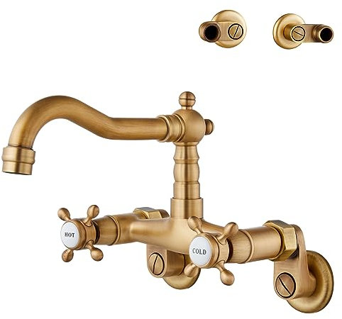 Aolemi Grifo de cocina montado en la pared, grifo de baño, llave de lavabo, con 2 asas cruzadas y boquilla de 6 pulgadas, centro ajustable de 3 a 9 pulgadas, latón antiguo
