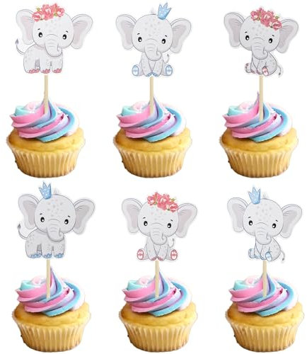 Gyufise 36Pcs Elephant Boy or Girl Cupcake Toppers Gender Reveal Cake Decorations for Elephant Theme Babyshower Kids Birthday Pink Blue Party Decorating Supplies