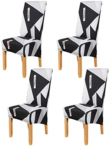 Okyuk Dining Chair Covers Set of 4, Stretch Dining Chair Protective Printed Slipcovers, Elastic Removable Washable Seat Covers for Dining Room Banquet Party Home Décor Black Grey White Pattern