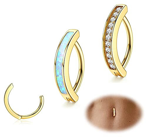 JeryWe 2stk 14G Clicker Piercing Bauchnabel für Damen Frauen Edelstahl Bauchnabelpiercing CZ Opal Körperschmuck Reverse Curved Nabel Barbell Schmuck Gold 12mm
