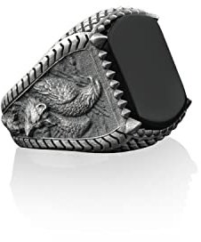 BySilverStone - Adler Und Wolf Silber Onyx Herrenring, Sterling Silber Boho Siegelring, Onyx Schmuck, Tierring, Naturring, Ring Mit Gravur