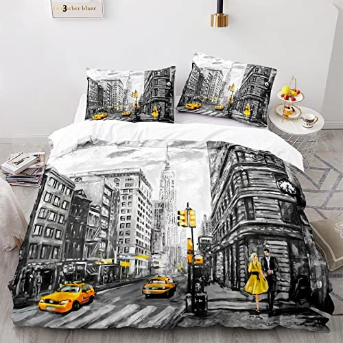 LUDVIK 155X220 cm Bettwäsche New York Duvet Cover 155X220 Mikrofaser Bettwäsche-Set Schnell Trocknend Und Kein Bügeln + 2 Kissenbezüge 80X80Cm