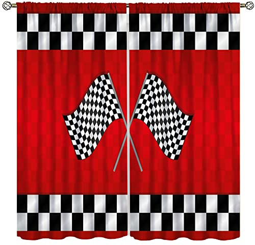Rennwagen-Kindervorhänge, Jungen, Baufahrzeuge, Fensterbehandlungen für Jungenzimmer, rote Rennflagge, Vorhänge, 2 Paneele, 132 x 213 cm