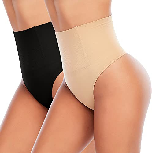 YARRCO Damen Bauchweg Unterhose Slips String Tanga Shapewear Miederhose Body Shaper Miederslips Figurformende Unterwäsche (Schwarz+Beige, XL)