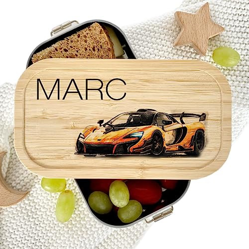 Manufaktur Liebevoll - Personalisierte Brotdose mit Fächern, Edelstahl Lunchbox mit Bambus Deckel u. Trenner, Nachhaltige Brotbüchse | Mädchen, Jungen (Motiv Rennauto, Weißblech | S)