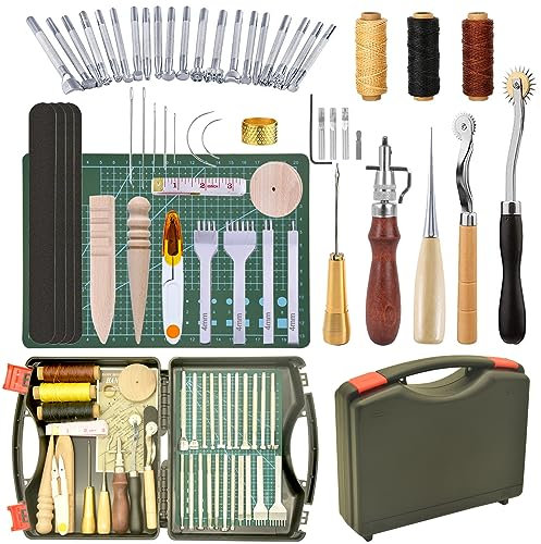 selliner 59 Pieces Leather Working Kit Leather Tools and Supplies with Leather Tool Box,Leather Tools Starter Kit with Waxed Thread Groover Awl Stitching Punch Stamping Tools for Leather Craft Making