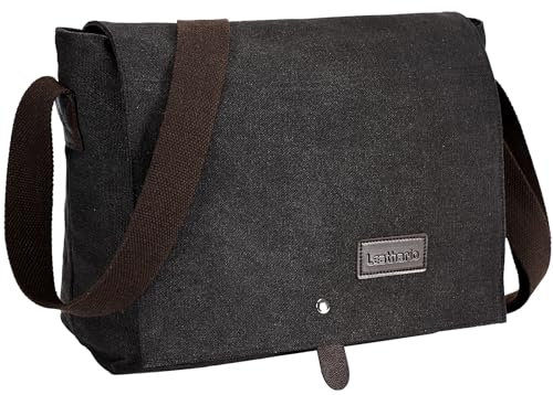 Leathario Umhängetasche Herren,Messenger Bag aus Canvas,Aktentsche Studententasche Laptoptasche 14 Zoll,Schultertasche Kuriertasche Herrentasche Collegetasche Uni Studenten Schwarz