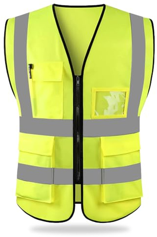 HYCOPROT Warnweste Reflektierende Sicherheitsweste mit Taschen EN ISO 20471 | Hohe Sichtbarkeit, Arbeitsweste Jacke, Reißverschluss Design, für Beruf Pendeln Baustelle Lager Logistik Verkehr motorrad