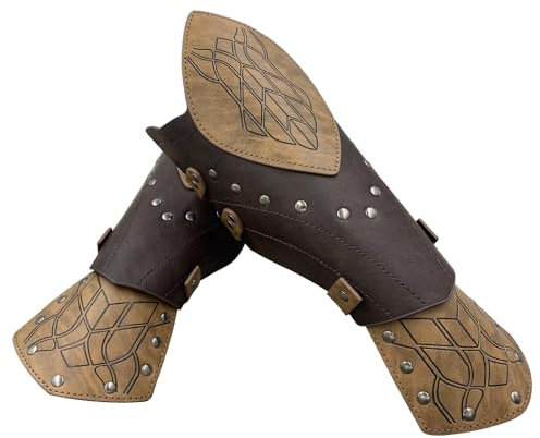 HiiFeuer Mittelalterliche Geprägte Kunstleder Armstulpen Elf, Fantasy Cosplay Schnalle Armschienen, Ritter Bogenschütze Stulpen für Halloween (Braun A)