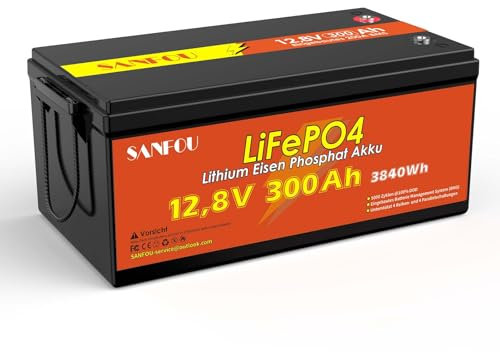 SANFOU 12V 300 Ah LiFePO4 Batterie, 3840Wh Lithium Akku mit 200A BMS, 5000-15000 Mal Deep Cycle Batterien, Unterstützung 4S4P, perfekt als Stromquelle für Wohnmobile Camping
