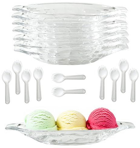 Shockley Goods 8 Pack Banana Split Dish, 8oz Ice Cream Dishes Acrylic with 10 Pcs Spoons set for Brownie, Hot Fudge and Caramel Sundaes