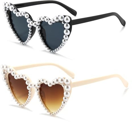 NCOALE Herz Sonnenbrille für Damen, 2 Stück Perle Herzbrille Retro Herzbrillen Party Herzsonnenbrille Braut Herz Brille für Urlaub Karneval Hochzeit Accessoires, Anti-UV400