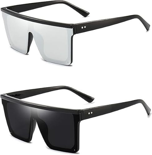 Dollger Retro Eckig Sonnenbrille Damen Herren Groß Mode Flat Top Big Rahmen Shades Schwarz+Weiß