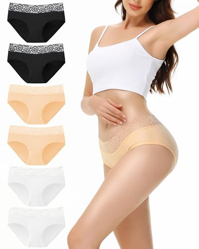 EKSHER Culotte Femme Coton Lot de 6 Sexy Slip en Dentelle Taille Midi Hipster sous-vêtement Shorties Doux Noir Blanc Nude XL