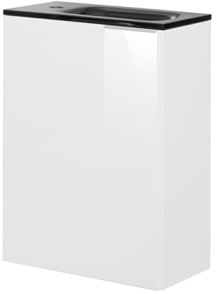 FACKELMANN Kara Gäste-WC Set 2 Teile – Waschtischunterschrank mit Glasfront in Weiß mit Waschbecken aus Glas in Anthrazit – SBC Waschbeckenunterschrank schmal – Türanschlag Links – 45 cm breit