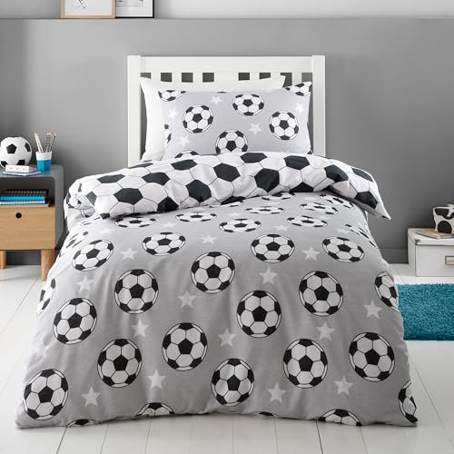 Catherine Lansfield Brushed Cotton Football Stars Reversible Junior Duvet Cover Set with Pillowcase Grey
