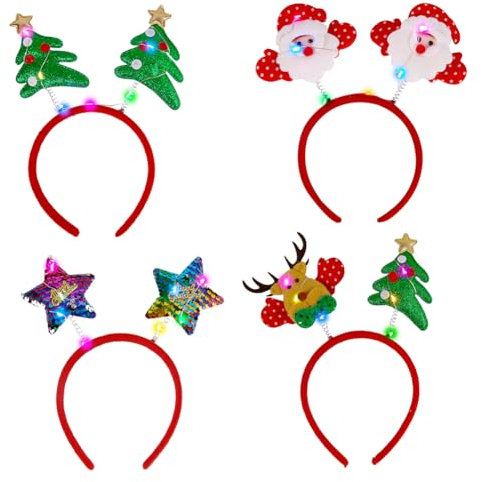 Bandeau Lumineux de Noël avec LED, 4PCS Serre-tête à Thème Noël, Accessoires de Cheveux pour Enfants et Adultes