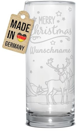 PR Print Royal Trinkglas mit Gravur - Merry Christmas Rentier - mit Namen personalisiert, Geschenk für Freunde und Familie, Trinkglas graviert, Wichtelgeschenk | Lasergravur, 200 ml