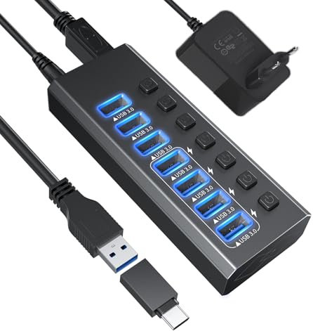 Hub USB 3.0 en aluminium 7 ports USB SuperSpeed avec bloc d'alimentation 12 V/2 A et interrupteur marche/arrêt individuel pour Surface Pro, Windows, PC, ordinateur portable, ordinateur de bureau