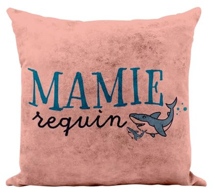 Kissen aus Kunstleder, Rosa – Oma Hai Familie niedlicher Fisch – 40 x 40 cm – Leder-Haptik – Bezug und Kissen inklusive