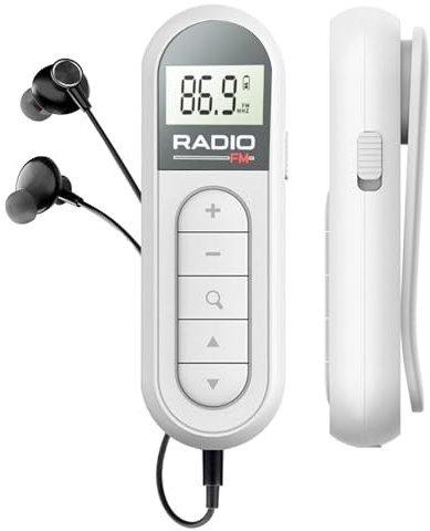 Mini radio FM / transistor FM con receptor de radio FM portátil, con DSP, pantalla LCD y auriculares, recargable de 300 mAh, radio de bolsillo para caminar y viajar (color blanco)