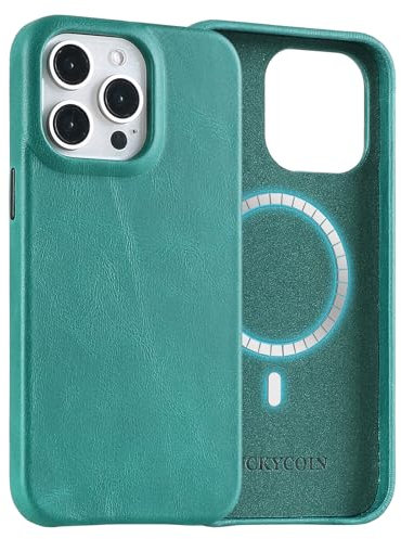 LUCKYCOIN Magnetic Phone Case for iPhone 15 Pro Max 6.7 in,Compatible with MagSafe Wireless Charging,Genuine Leather Case with Metal Buttons,Shockproof Screen Protector Phone Bumper Cover-Green
