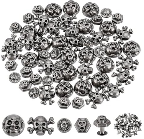 PH PandaHall 80 Sets Skull Head Rivets Screw Back Skull Rivets, 4 Styles Skull Decorative Rivet Studs Antique Silver Skeleton Ghost Rivet for Clothes Bag Leather Belt DIY Craft Making