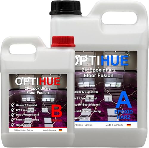 Optihue Epoxidharz Glasklar Boden Resin 1,5Kg für Bodenbeschichtung Bodenfarbe 2K Gießharz Garagenboden Harz & Härter in Profi Qualität Epoxy geruchsarm
