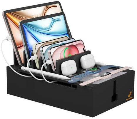 Pezin & Hulin Bamboo Charging Station, Electronic Devices Organizer for Multiple Devices Charger Such As Cell Phone, Tablet, Watch and more, Blackl, (No USB Charger and Cables）